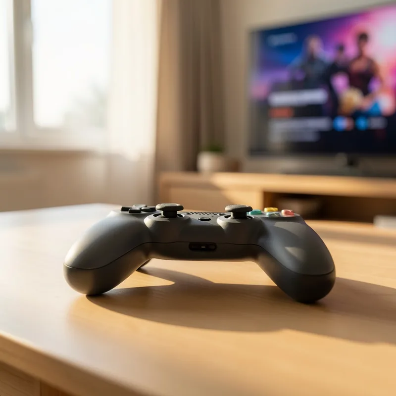 Salon moderne avec un téléviseur affichant un jeu vidéo et une manette posée sur la table basse
