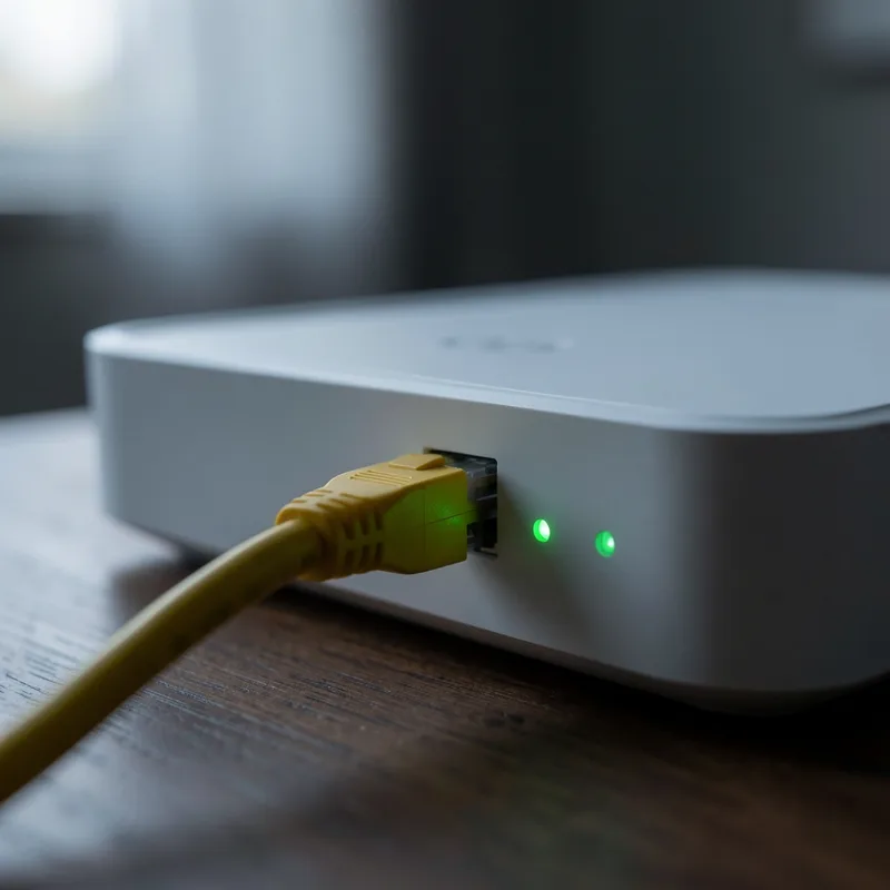 Câble Ethernet branché sur un routeur domestique avec voyants lumineux allumés dans la pénombre