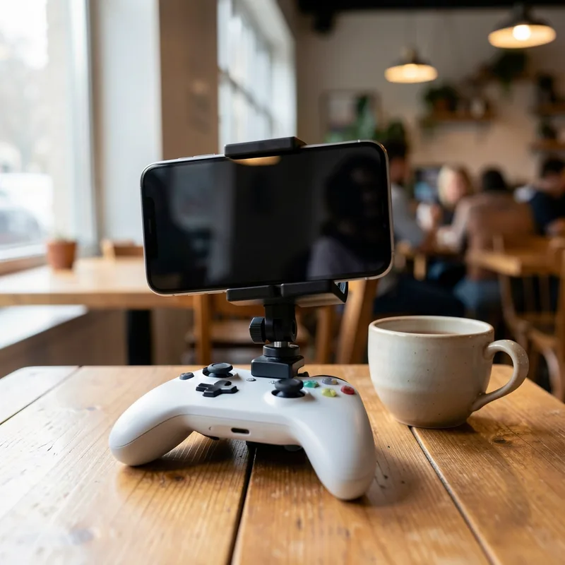 Smartphone fixé sur une manette de jeu posée sur une table de café en bois