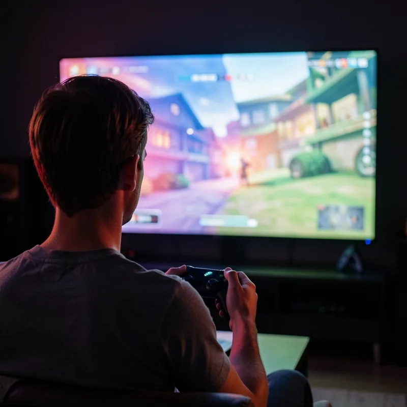Joueur assis avec une manette devant un écran affichant une scène de jeu lumineuse, vue de dos