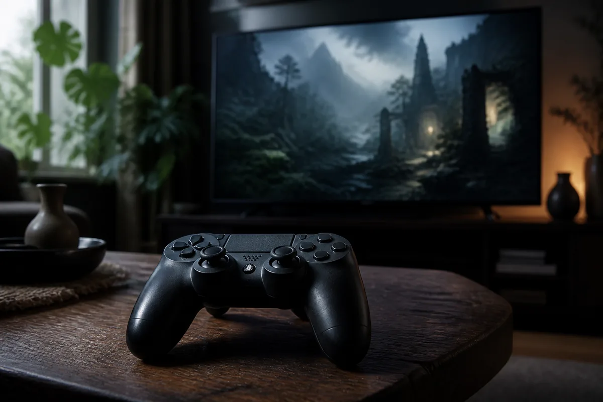 Manette de console posée sur une table basse devant un écran affichant une scène de jeu d&rsquo;aventure sombre