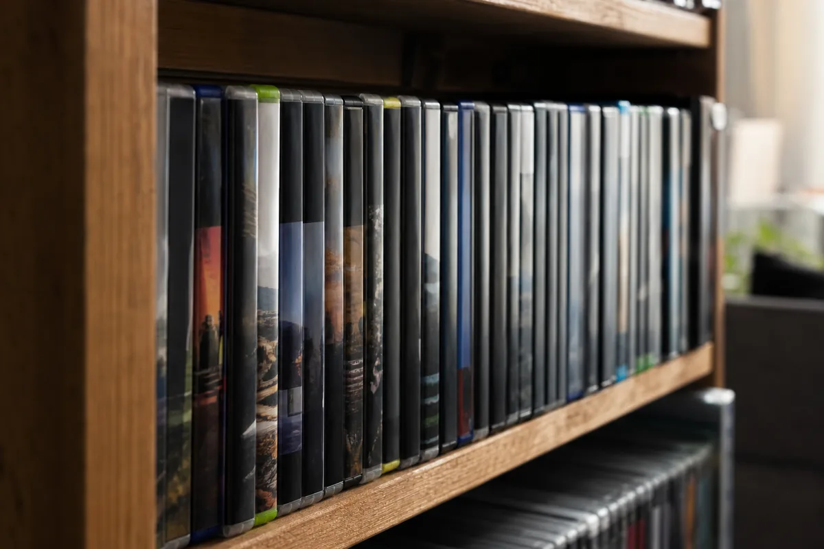 Vue rapprochée d&rsquo;une bibliothèque de jeux vidéo en boîtiers rangés sur une étagère en bois