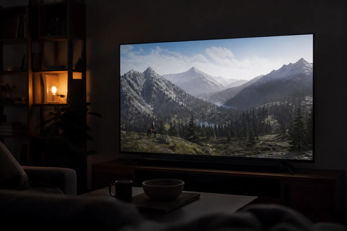 Écran de télévision allumé dans un salon sombre affichant un paysage naturel vaste de jeu vidéo